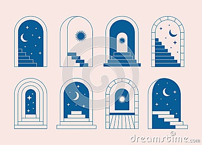 Minimal mystic doors stairs. Boho linear logo signs, magic frames, arch, window, abstract geometric art. Vector esoteric Vector Illustration