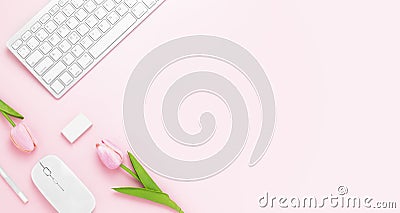 Minimal Office desk table with Keyboard computer, mouse, white pen, tulip flowers, eraser on a pink pastel table with copy space Editorial Stock Photo