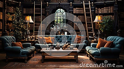 A Minimal Ornamental Bookshelves Library Luxury Sofa Dark Themed Background Stock Photo