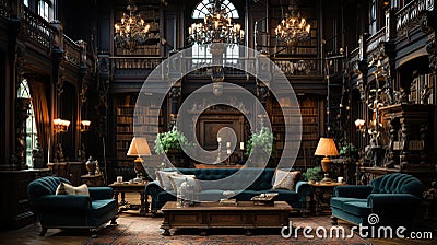 A Minimal Ornamental Bookshelves Library Luxury Sofa Dark Themed Background Stock Photo