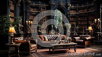 A Minimal Ornamental Bookshelves Library Luxury Sofa Dark Themed Background Stock Photo