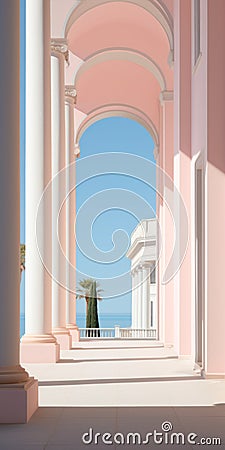 Minimal Palladian Architecture With Pastel Color Scheme And Ocean View Stock Photo