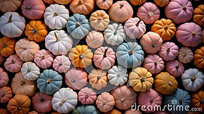 Minimal pastel Thanksgiving pumpkins background, web banner. Many trendy modern pastel pumpkins on table. Autumn holidays pastel Stock Photo