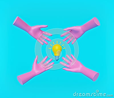 Pink mannequin hands with light bulb isolated on blue background. Conceptual idea. Close up. 3d rendering Stock Photo