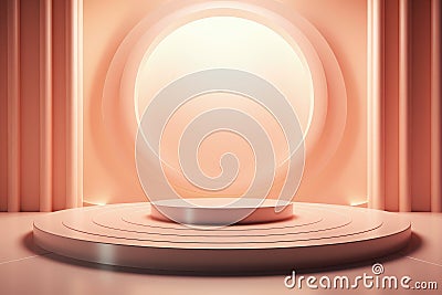 Minimal podium with round window in background, stand to show cosmetic products. Abstract peach color stage with platform in Stock Photo