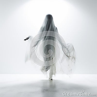 Minimal Poltergeist: Ghost Silhouette In Flowing White Dress Stock Photo