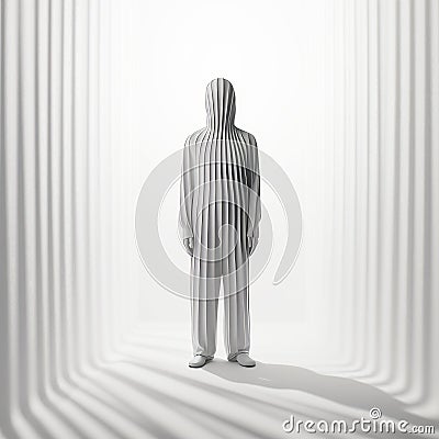 Minimal Poltergeist: Surrealistic Human With White Stripes In Detailed Room Cartoon Illustration