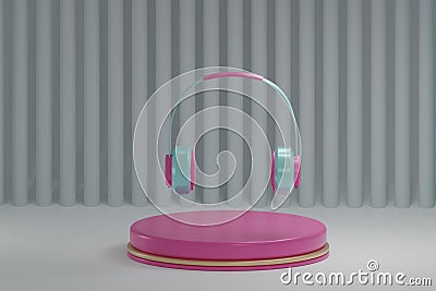 Minimal scene with 3D Rendering multicolored headphones with abstract background. Bright concept for banners and flyers of musical Stock Photo