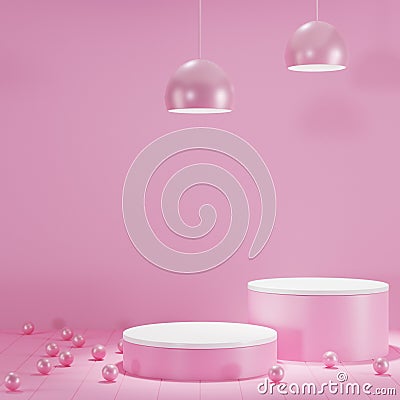Minimal scene of Empty Geometry podium pink background for display product concept and light lamp with copy space or use for prese Cartoon Illustration