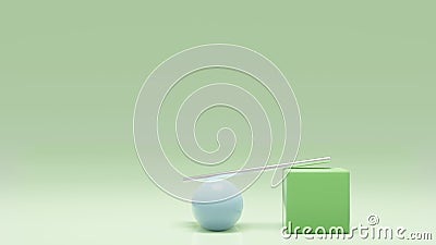 Minimal scene with geometrical forms in green abstract background . 3d illustration rendering . Metallic object cylinder Cartoon Illustration