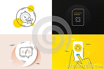 Minimal set of Ab testing, Delete file and Vip timer line icons. For web development. Vector Vector Illustration