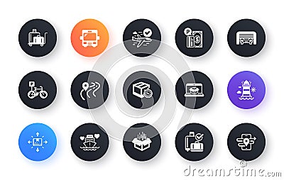 Minimal set of Baggage reclaim, Delivery timer and Bicycle parking flat icons for web development. For design. Vector Vector Illustration