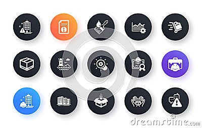 Minimal set of Building warning, Get box and Innovation flat icons for web development. For design. Vector Vector Illustration