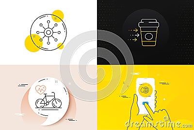 Minimal set of Coffee delivery, Cardio bike and World water line icons. For web development. Vector Stock Photo