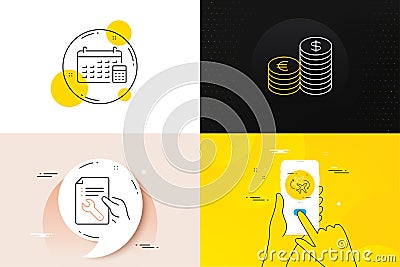 Minimal set of Currency, Connecting flight and Calendar line icons. For web development. Vector Vector Illustration