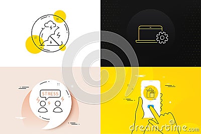 Minimal set of Difficult stress, Shopping bags and Notebook service line icons. For web development. Vector Vector Illustration