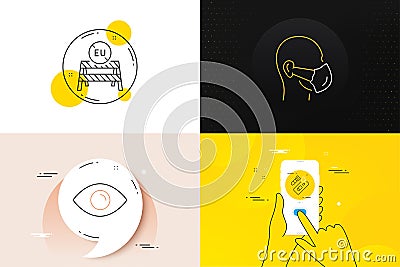 Minimal set of Eu close borders, Covid test and Medical mask line icons. For web development. Vector Vector Illustration