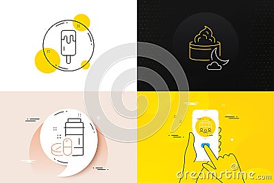 Minimal set of Night cream, Global business and Medical drugs line icons. For web development. Vector Vector Illustration
