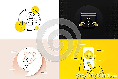 Minimal set of Puzzle, Fake news and Inventory report line icons. For web development. Vector Stock Photo