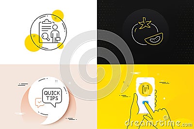 Minimal set of Quick tips, Tomato and Inspect line icons. For web development. Vector Stock Photo