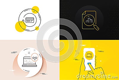 Minimal set of Refund commission, Analytics graph and Cyber attack line icons. For web development. Vector Vector Illustration