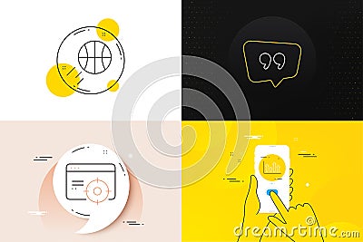 Minimal set of Seo targeting, Quote bubble and Basketball line icons. For web development. Vector Stock Photo