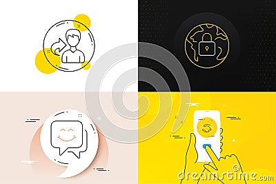 Minimal set of Smile face, Share and Employees handshake line icons. For web development. Vector Stock Photo