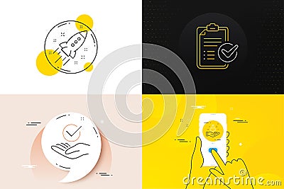 Minimal set of Startup rocket, Survey checklist and Approved line icons. For web development. Vector Vector Illustration