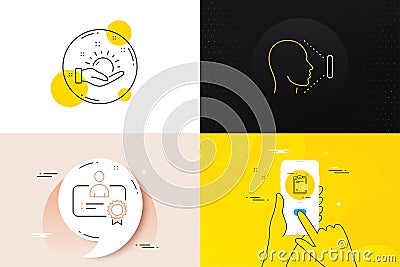 Minimal set of Sunny weather, Eye checklist and Certificate line icons. For web development. Vector Vector Illustration