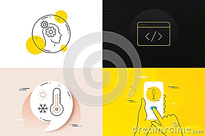 Minimal set of Thoughts, Weather thermometer and Seo script line icons. For web development. Vector Vector Illustration