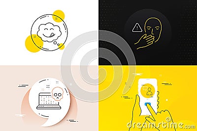 Minimal set of Users chat, Yummy smile and Cyber attack line icons. For web development. Vector Vector Illustration