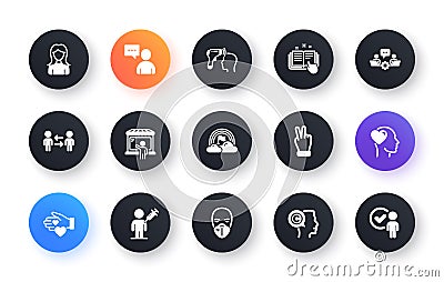 Minimal set of Volunteer, Users chat and Electronic thermometer flat icons for web development. For design. Vector Stock Photo