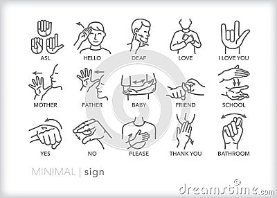 American sign language icons of common words and phrases Vector Illustration