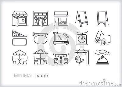 Store icons of storefronts, signs, cash register and more Vector Illustration