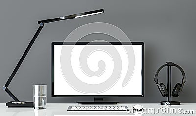 Minimal style black and white working desk with gray wall 3d rendering image Stock Photo