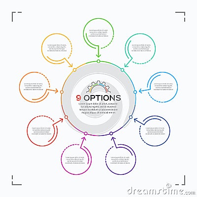 Minimal style circle infographic template with 9 options. Vector Illustration