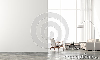 Minimal style living room 3d render.The room has large windows. Looking out to see the scenery outside. Stock Photo