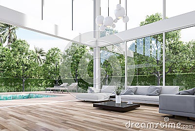 Minimal style modern grass house living room with swimming pool terrace background 3d render Stock Photo