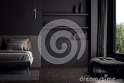 Minimal style mysterious and charming black bedroom interior large window with nature view 3d render Stock Photo