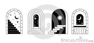 Minimal surreal doors stairs. Abstract boho line staircase, arch, trendy mystic geometric art for tattoo, print. Vector Vector Illustration