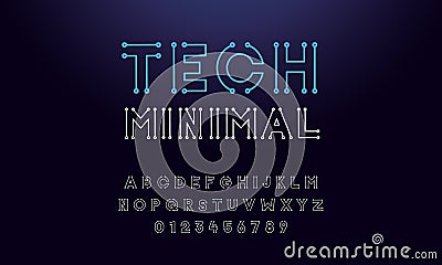Minimal tech circuit font. Vector thin line digital typeface letters and numbers. Futuristic, technology and science, computer, Vector Illustration
