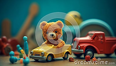 Minimal Toys, Simple Playful Delights. Miniature toys photography created with AI. Stock Photo