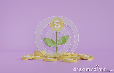 Minimal tree with coin blossom growing as investment 3D render illustration Cartoon Illustration