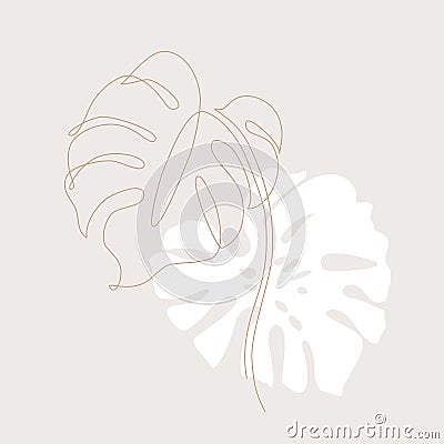 Minimal tropical art. Tropical monstera leaves silhouette and line art on pastel beige background Vector Illustration
