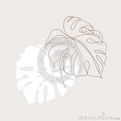 Minimal tropical art. Tropical monstera leaves silhouette and line art on pastel beige background Vector Illustration