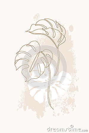 Minimal tropical art. Tropical monstera leaves silhouette and line art on rough grunge brushstrokes background Vector Illustration