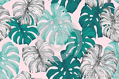 Minimal tropics background. Duo toned monstera leaves seamless pattern in turquoise pink trendy colors Cartoon Illustration
