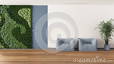 Minimal waiting sitting room with parquet in white and blue tones. Vertical garden and potted palm, soft armchairs and door. Stock Photo