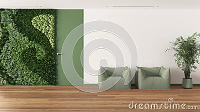 Minimal waiting sitting room with parquet in white and green tones. Vertical garden and potted palm, soft armchairs and door. Stock Photo