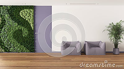 Minimal waiting sitting room with parquet in white and purple tones. Vertical garden and potted palm, soft armchairs and door. Stock Photo